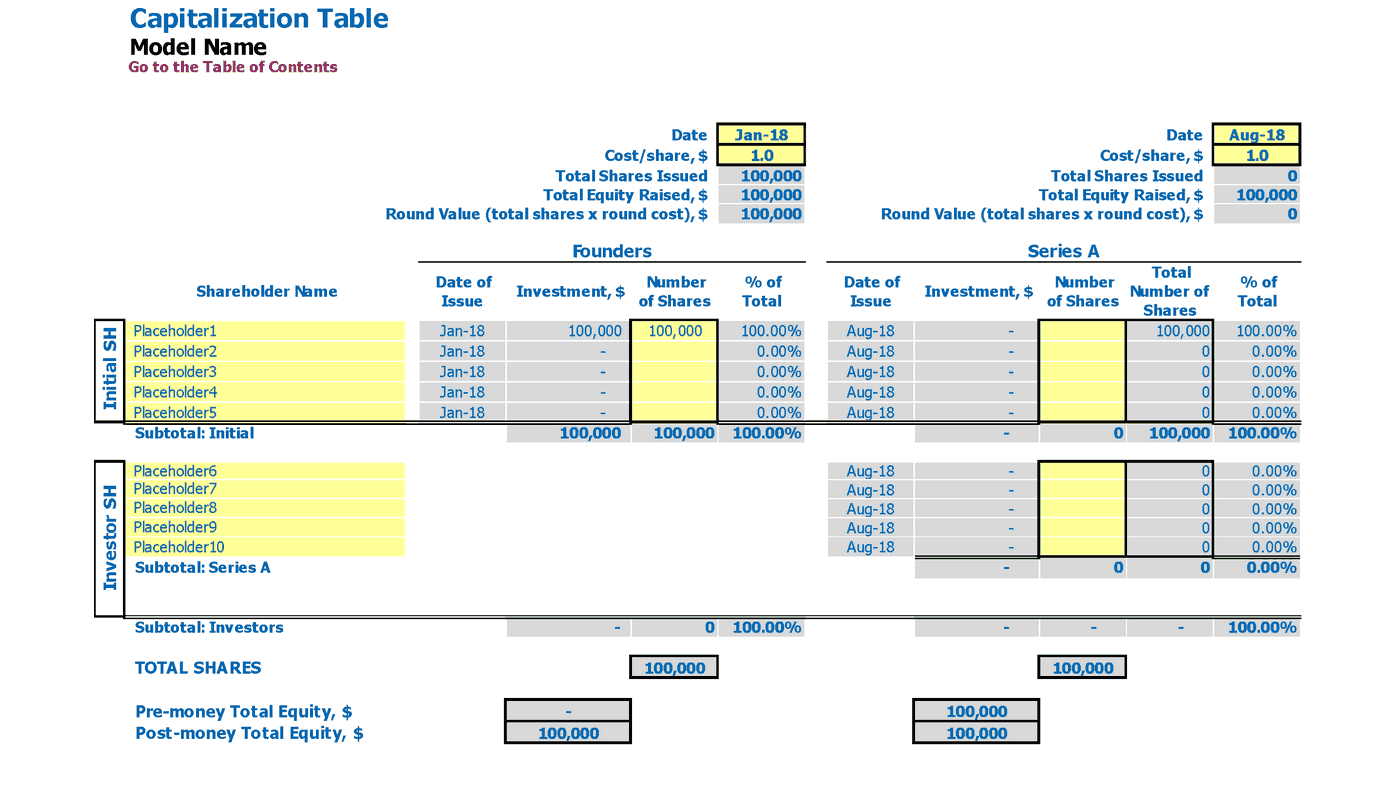 Wedding Shop Financial Projection Excel Template Capitalization Table