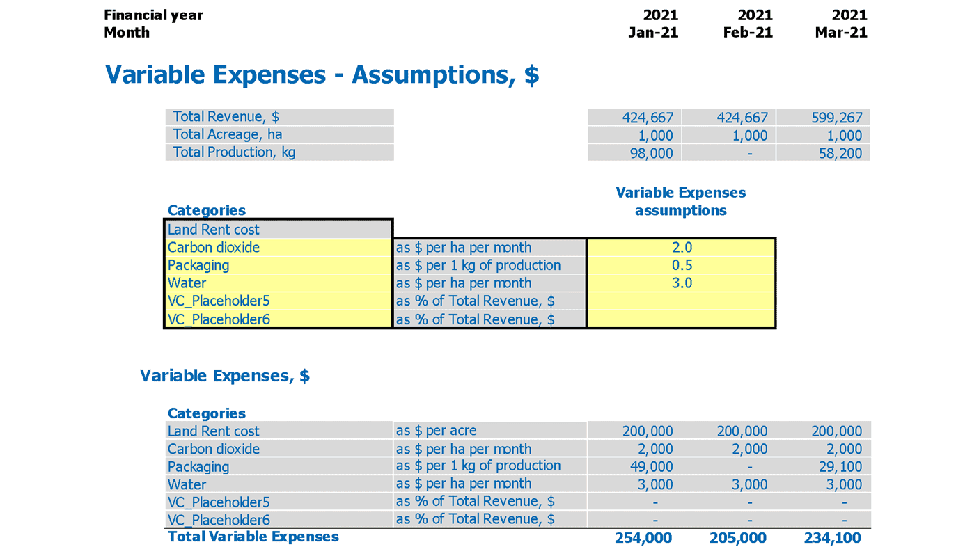 Fruits Farming Financial Forecast Excel Template Variable Expenses Assumptions